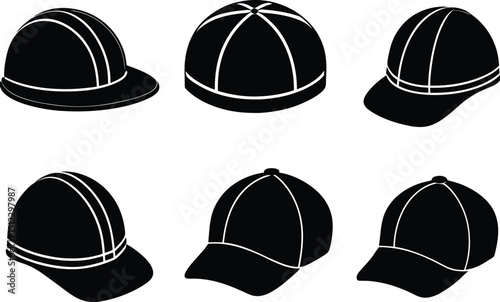 Six black silhouettes of different hats and caps