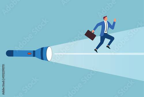 Vector illustration of a businessman running towards his goal guided by the light of a torch lighter representing vision, hope and determination amidst the darkness of uncertainty and challenge
