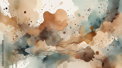 Abstract watercolor art in earthy brown, beige and green tones, depicting fluidity and depth
