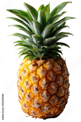 Golden Pineapple's Sweet Symphony: A sun-kissed pineapple, its rough, textured exterior contrasting beautifully with its vibrant green crown, radiates tropical freshness.