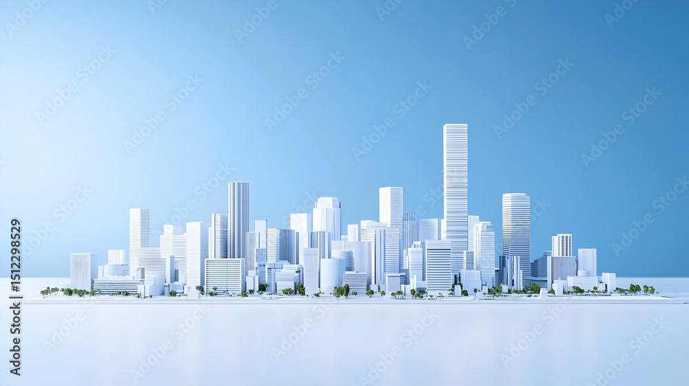 Obraz premium Geometric Cityscape Illustration With White Buildings Against Blue Sky