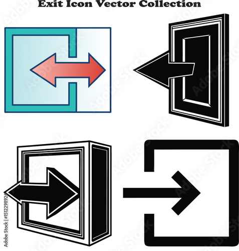 Vector illustration of an exit icon featuring a right-pointing arrow inside a rectangle on a white background, ideal for signage, navigation apps, emergency direction, and safety labels
