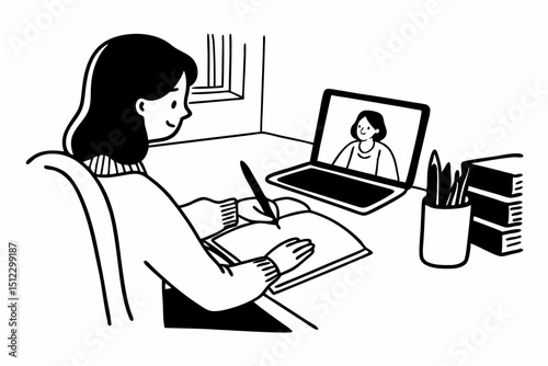 Distance education learning concept, Young woman in sweater studying education lesson online and writing in notebook while watching and learning course through video on laptop at home