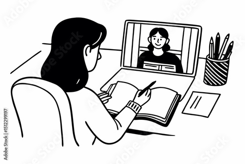 Distance education learning concept, Young woman in sweater studying education lesson online and writing in notebook while watching and learning course through video on laptop at home