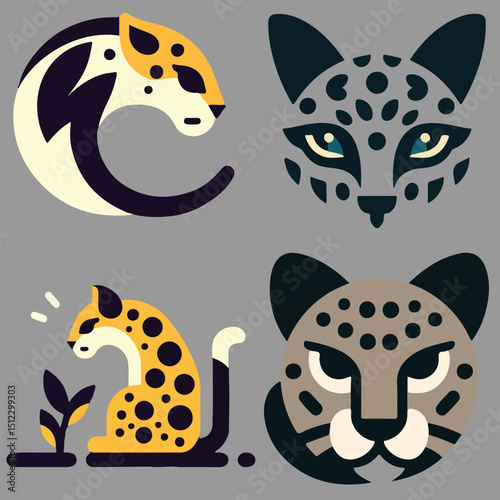 4 cartoon jaguar illustrations different styles and perspectives minimal colors