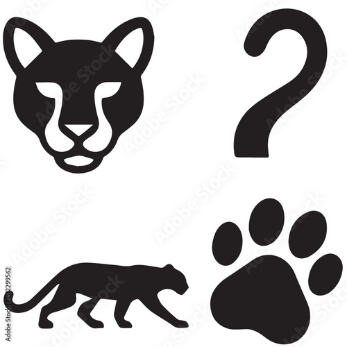 A panther is shown in four ways its head body tail as question mark and paw print