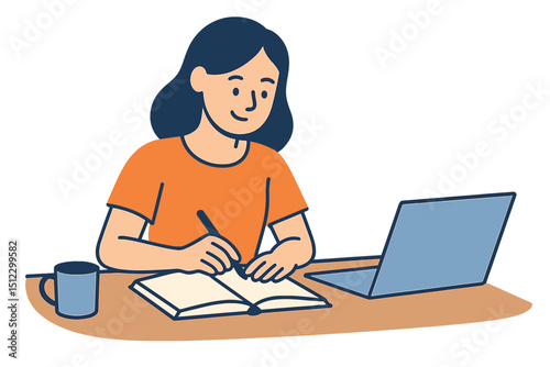 A woman is shown working and writing at her desk in a cartoon vector illustration