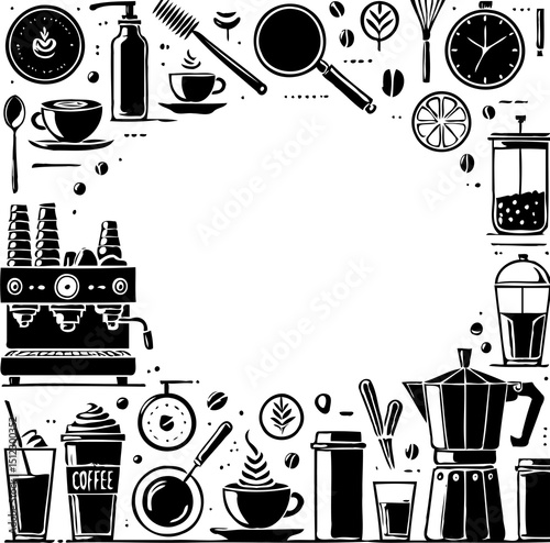 Set of hand drawn drinks icons. Cocktails and drinks and food set. Black and white illustration. Cocktail, Bottles and glasses, coffee, bakery and sweets