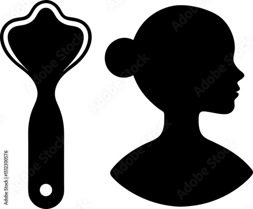 Gua Sha Tool And Face Outline Silhouette Vector Illustration