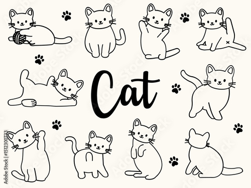 Hand drawn cute cat doodles set. Playful kittens in different poses. Vector pet illustrations of sitting, stretching, walking, grooming, and lying cats. Simple line style doodles with paw prints.