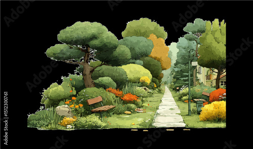 Peaceful Park Pathway Vector with Trees, Flowers, and Benches