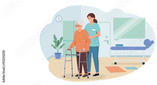 Elderly woman using walker while receiving assistance from nurse in hospital,for medical clinic websites,for senior assistance programs,advertisement of products for seniors