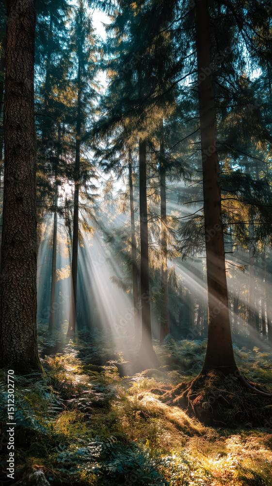 Fototapeta premium Sunbeams filter through dense forest trees, creating an ethereal and serene atmosphere. Tall trees stand like guards in nature's haven.