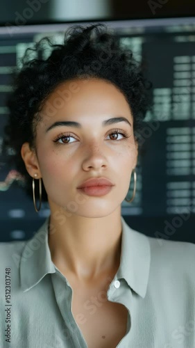 Confident young african female analyzing financial data with glasses in office setting