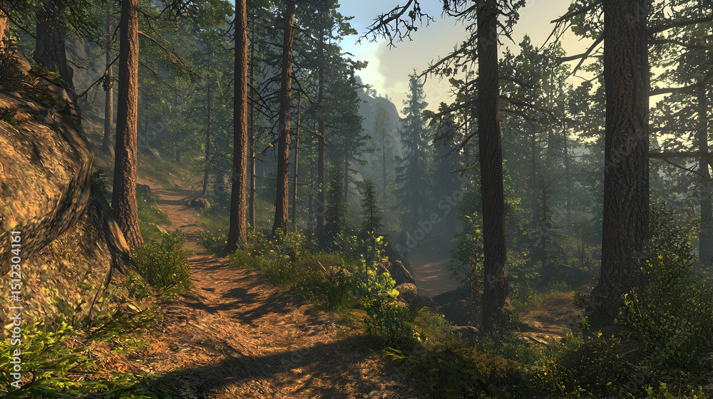 Fototapeta premium Scenic Forest Path Under Sunny Skies