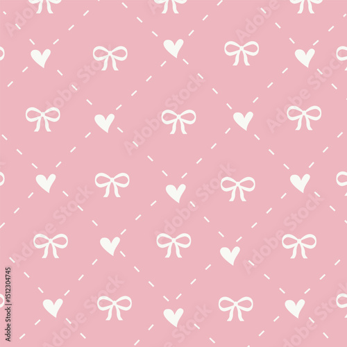 Seamless pattern with pink hearts and ribbon bows. Coquette aesthetic wallpaper with love symbols and dashed lattice grid. Cute kawaii Valentine’s style repeat print for fabric, wrapping papers, print