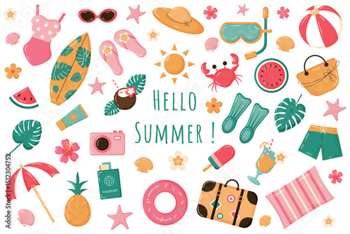 Big summer collection with icons isolated on white background.  Set of elemens with watercolor texture. Swimsuit,hat,serfing board,beach umbrella,shorts,fruits,cocktails, ball. Vector illustration. 