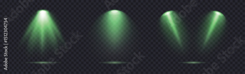 Magic spotlight with green glow isolated on dark background with reflection on floor. Light sources on dark wall, realistic soft concert light on abstract stage png. Green projector scene with rays.