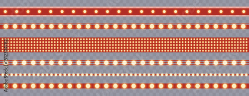 Marquee strip set, red led light ribbons on transparent background. Realistic neon light bulb, vector illustration. Vintage marquee border ribbon collection. Vector illustration.
