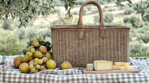 Rustic Picnic Basket with Fruits and Cheese