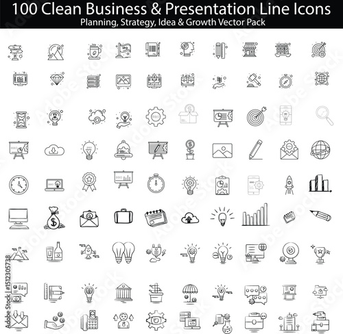 A comprehensive pack of 100 minimal line-style vector icons designed for business presentations, planning dashboards, creative project outlines, and startup growth visuals. Perfect for digital agencie