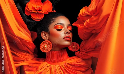 Bright orange fashion showcase featuring striking makeup and bold accessories