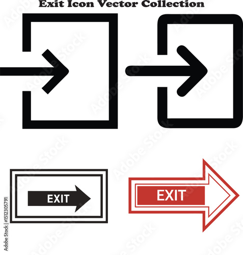 Vector illustration of an exit icon featuring a right-pointing arrow inside a rectangle on a white background, ideal for signage, navigation apps, emergency direction, and safety labels
