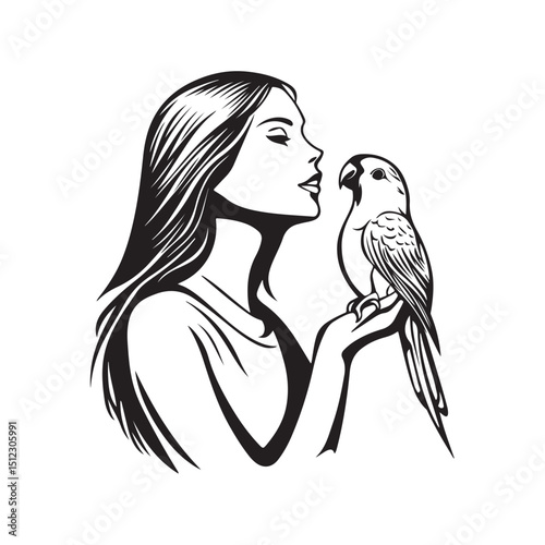 Vector illustration of a woman playing with colorful parrots in nature depicts a harmonious relationship between humans and birds, which symbolize freedom, nature and friendship.
