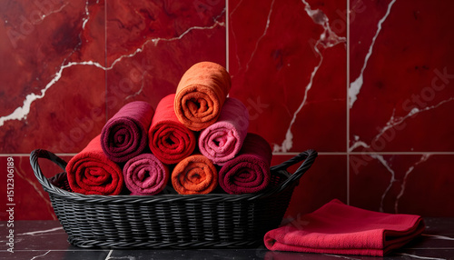 Laundry basket with towels arranged in vibrant colors on marble backdrop  