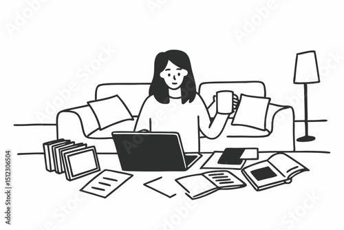 Female freelance is reading business data on laptop and holding coffee to drinking while working on the table in living room at home office