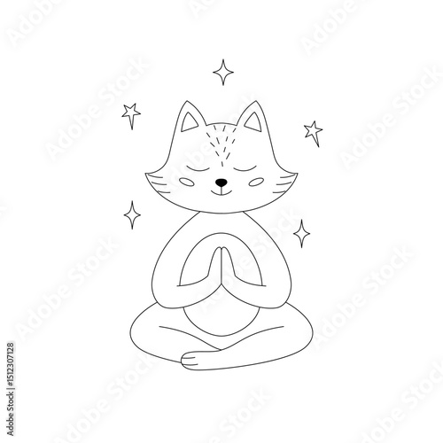 Fox in a meditative pose with its eyes closed and front paws crossed on white background.