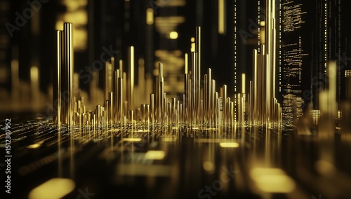 High-resolution gold bar graph and glowing financial charts on black background