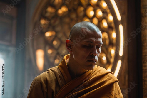 A monk gazing into a mirror that reflects not the physical world but a vibrant spiritual realm full of sacred geometry and golden light, while behind him, the world melts like wax