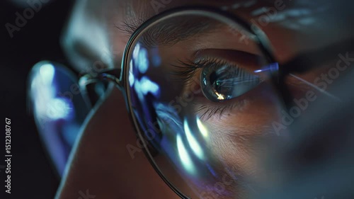 Eyes of Man in Glasses Looking at Computer Screen with Glowing Video of Internet Simulation. Closeup Shot. Concentrated Sight of Addictive Person Spending Time Online, Staring at Animation. Macro Shot
