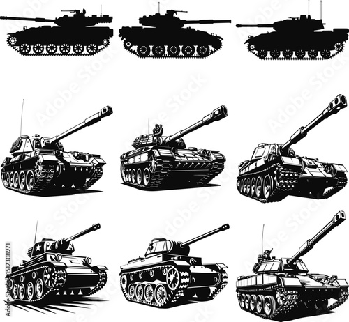 Military tank vehicle vector silhouettes