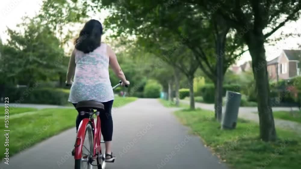 A woman riding a bicycle through a serene park pathway. A woman riding a bicycle through a serene park pathway.