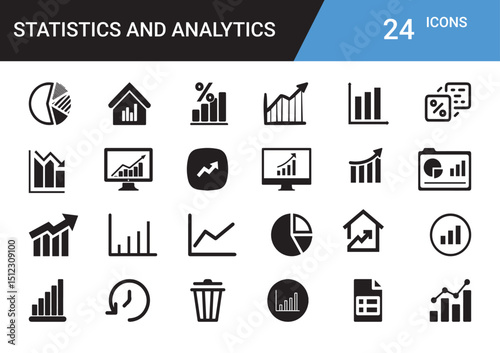 Visual Insights: Statistics and Analytics Icons. A visually engaging graphic showcasing a collection of meticulously crafted icons, each symbolizing a different facet of statistical data analysis.