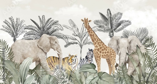 Fototapeta Naklejka Na Ścianę i Meble -  Vintage Safari Animals Wallpaper: Elephant, Giraffe, Zebra, Tiger in Sepia Jungle