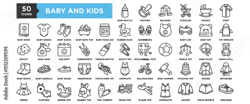 50 Baby and Kids icon set. Containing design baby, child, kid, childhood, little, cute, girl
