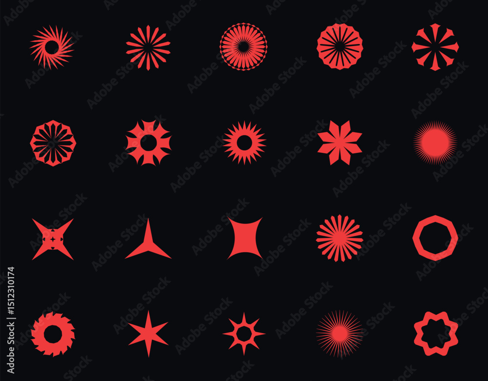 Conjunto de 20 formas vectoriales rojas — Estrellas, soles y símbolos abstractos sobre fondo oscuro