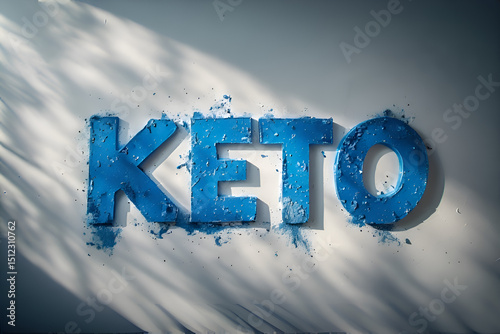 The word keto in blue letters on a white surface with shadows photo