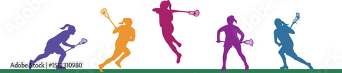 Colorful Silhouettes of Female Lacrosse Players in Action. Vector Illustration