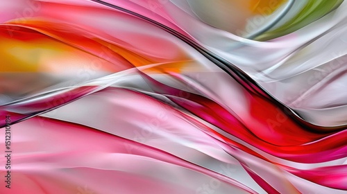 A vibrant abstract composition of pink, white, red, and black hues, creating a dynamic and fluid visual effect.