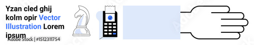 Chess knight, classic cellphone, printed receipt, extended hand, and abstract text. Ideal for strategy, communication, transaction, partnership technology decision-making finance simple landing