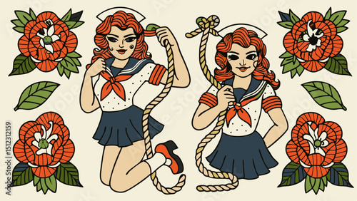 Two sailor girls with ropes surrounded by roses and leaves in a vintage tattoo style image |eps vectors