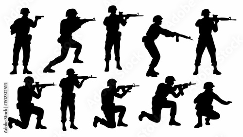Silhouette depictions of soldiers in various combat stances with rifles and pistols on a white background |eps vectors