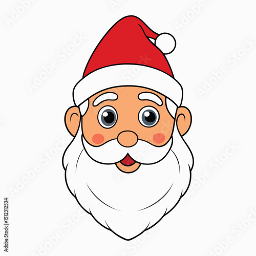 Cheerful cartoon face of Santa Claus with rosy cheeks, twinkling eyes, a fluffy white beard, red hat with a pom-pom, and a big jolly smile full of holiday spirit.
