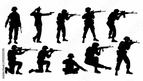 Silhouette depictions of soldiers in various poses holding rifles and handguns on a white background view |eps vectors