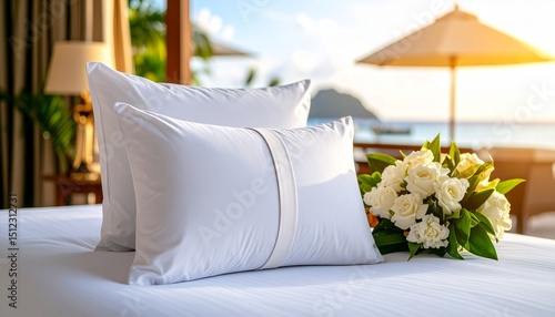 Luxurious Beachfront Hotel Room Romantic Getaway White Pillows Flowers Sunrise.