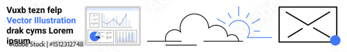 Chart with graphs and pie, cloud with sunshine, envelope icon signify data analysis, weathercloud service, and communication. Ideal for technology, business, communication, weather apps SaaS cloud